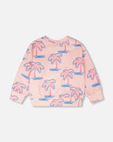 French Terry Sweatshirt Light Pink Palm Print-3