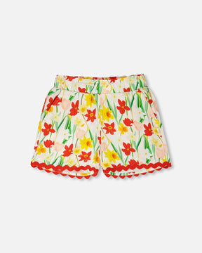 Deux par Deux white viscose shorts with daffodil print, view 1