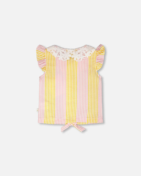 Sleeveless Shirt Pink And Yellow Stripes With Crochet Collar-4