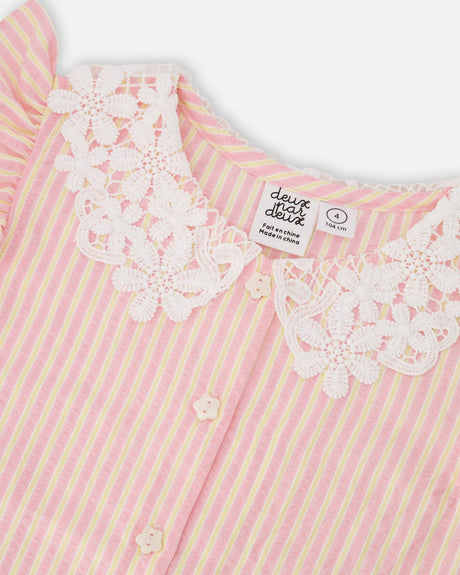 Deux par Deux girls' sleeveless shirt with pink and yellow stripes and crochet collar, view 6