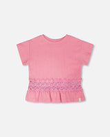 Crinkle Jersey Long T-Shirt With Crochet Insert Pink-0