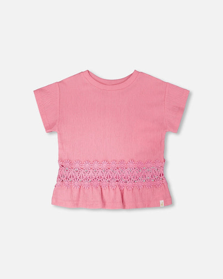 Crinkle Jersey Long T-Shirt With Crochet Insert Pink-0
