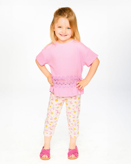 Crinkle Jersey Long T-Shirt With Crochet Insert Pink-1