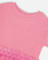 Crinkle Jersey Long T-Shirt With Crochet Insert Pink-3
