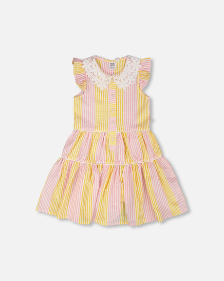 Sleeveless Dress With Crochet Peter Pan Collar Pink And Yellow Stripes-0