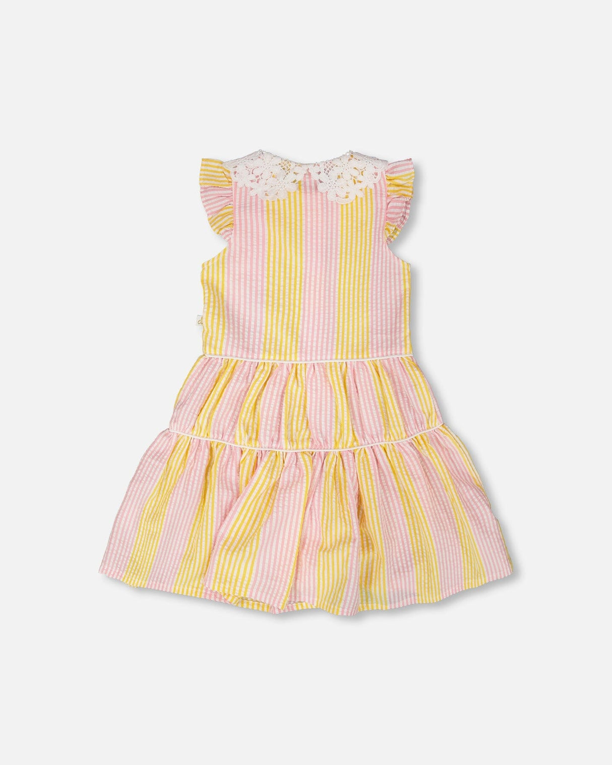 Sleeveless Dress With Crochet Peter Pan Collar Pink And Yellow Stripes-1