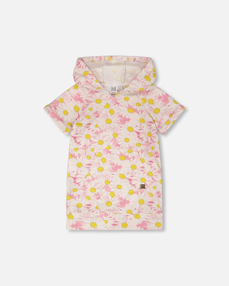 French Terry Hooded Dress Pink Printed Daisies-0