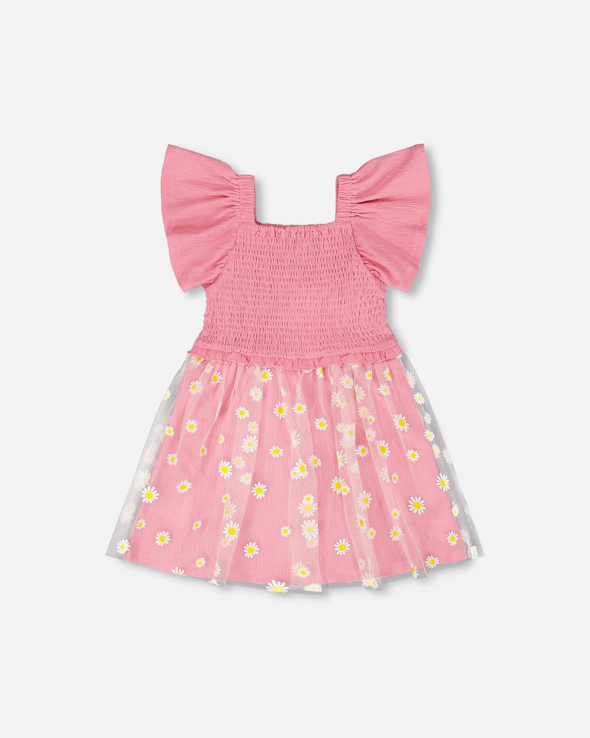 Mesh And Crinkle Jersey Dress With Smocking Pink-0