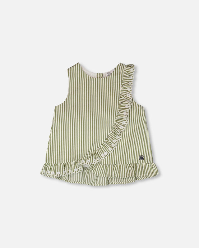 Top Green & Off White Stripes With Embroidered Ruffle-0