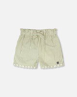 Shorts Green And Off White Stripes With Embroidery-0