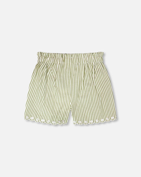 Shorts Green And Off White Stripes With Embroidery-2