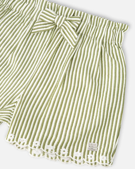 Shorts Green And Off White Stripes With Embroidery-3