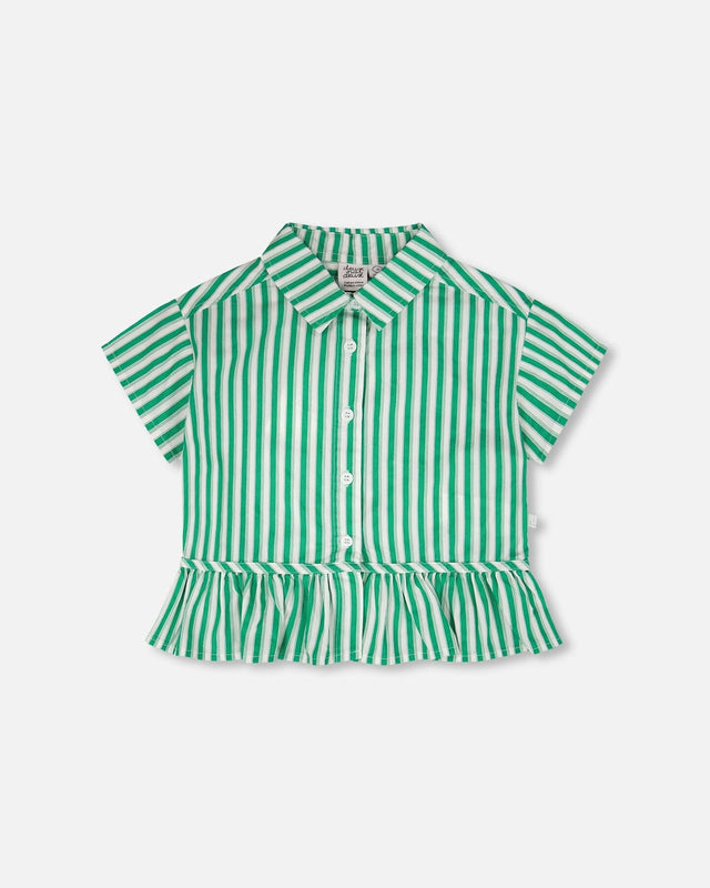 Short Sleeve Striped Button Down Shirt Green-0