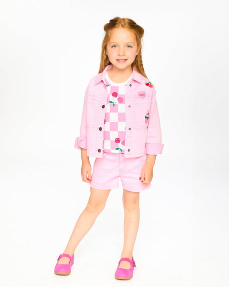 Pink Denim Jacket With Embroidered Patches-1