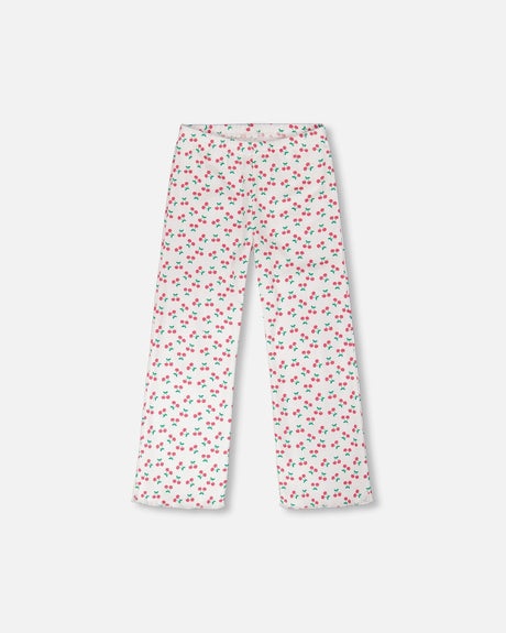 Rib Flare Leg Leggings White Printed Cherries-0