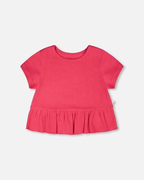 Rib Crop T-Shirt With Frill Pink-0
