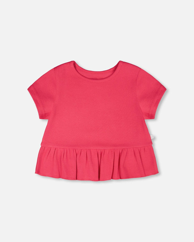 Rib Crop T-Shirt With Frill Pink-0