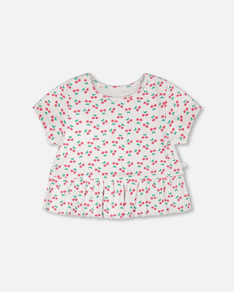 Rib Crop T-Shirt With Frill White Printed Cheeries-0