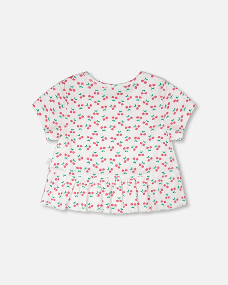 Rib Crop T-Shirt With Frill White Printed Cheeries-1