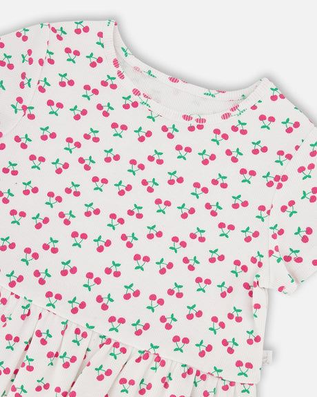 Rib Crop T-Shirt With Frill White Printed Cheeries-2