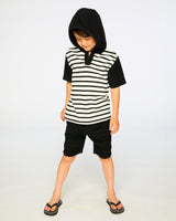 Hooded Terry T-Shirt With Shorts Set Black And White Stripes-2