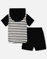 Hooded Terry T-Shirt With Shorts Set Black And White Stripes-3