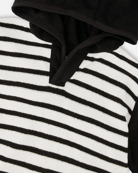 Hooded Terry T-Shirt With Shorts Set Black And White Stripes-4