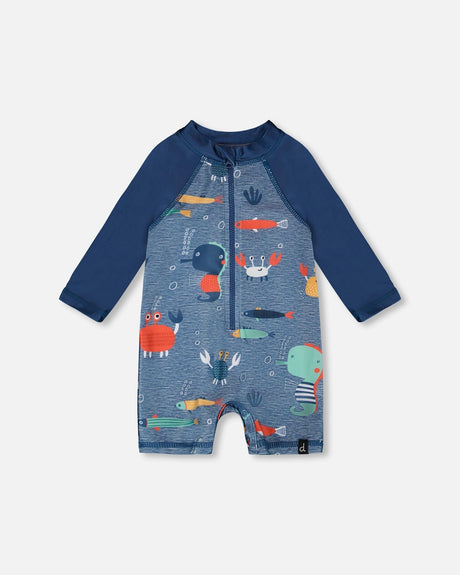 Baby And Toddler One-Piece Long Sleeve Rashguard Blue Printed Marine Animals-0