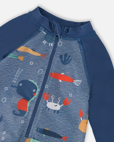 Baby And Toddler One-Piece Long Sleeve Rashguard Blue Printed Marine Animals-4