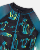 One-Piece Long Sleeve Rashguard Black Surf Print-2