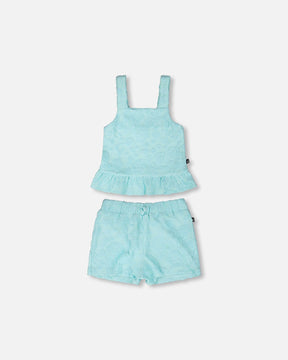 Deux par Deux light blue terry tank top with ruffled hem and matching shorts set