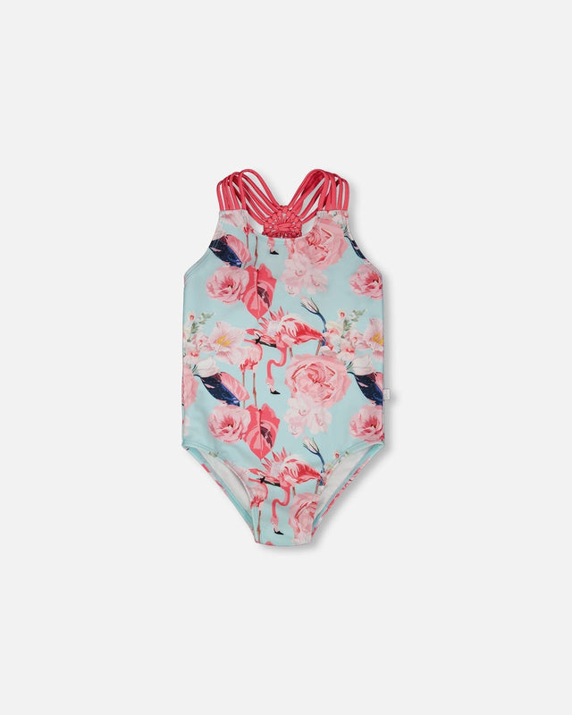 One-Piece Swimsuit Blue Flamingo Print-0