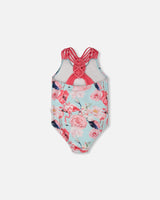 One-Piece Swimsuit Blue Flamingo Print-2