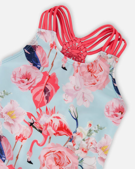 One-Piece Swimsuit Blue Flamingo Print-3