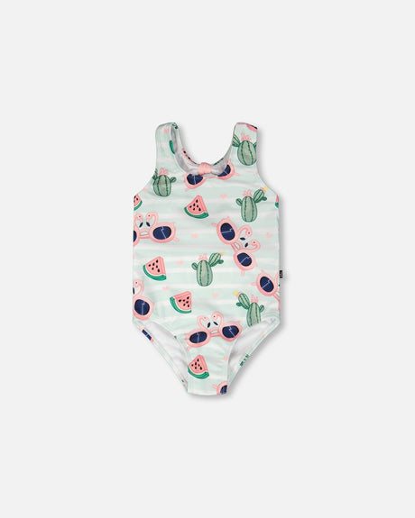 One-Piece Swimsuit Blue Flamingo And Cactus Print-0