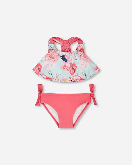 Two-Piece Swimsuit Blue Flamingo Print-0