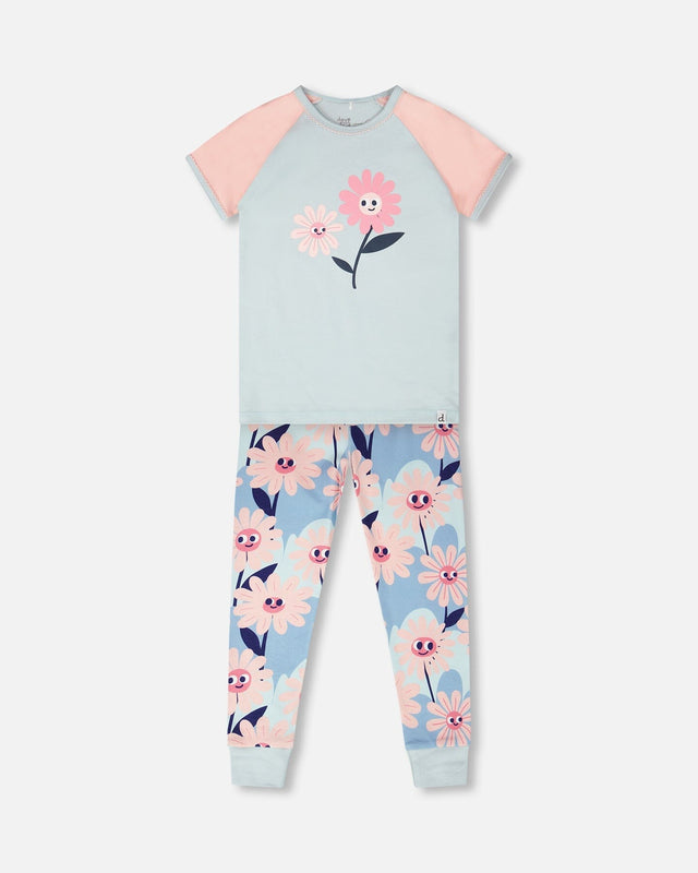 Organic Cotton Two-Piece Pyjama Set Blue Smiling Flower Print-0