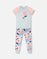 Organic Cotton Two-Piece Pyjama Set Blue Smiling Flower Print-0