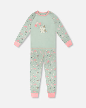 Organic Cotton Two-Piece Pyjama Set Green Kitten Print-0