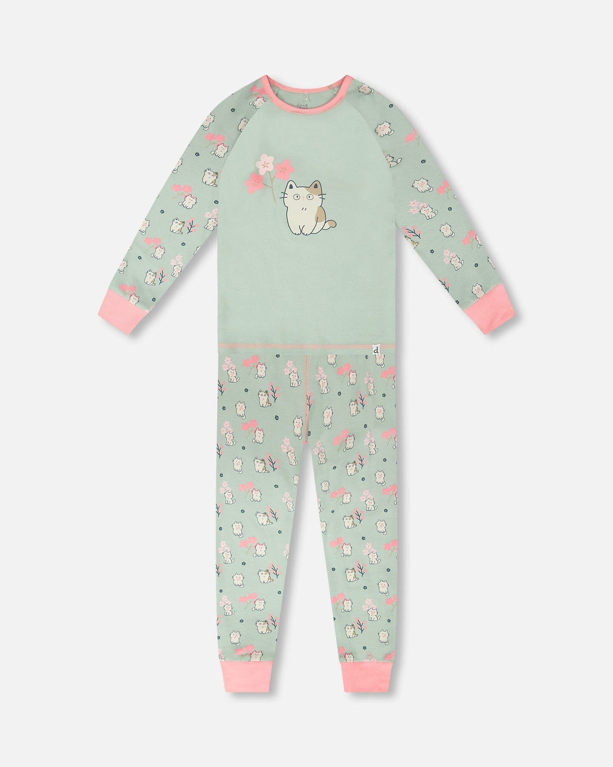 Organic Cotton Two-Piece Pyjama Set Green Kitten Print-0