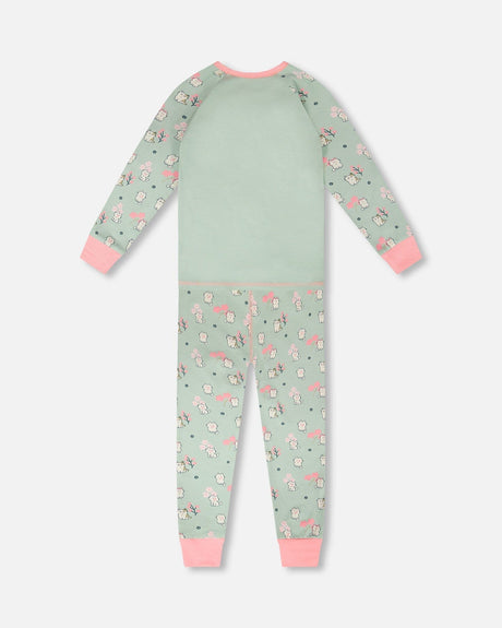 Organic Cotton Two-Piece Pyjama Set Green Kitten Print-2
