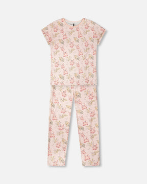Deux par Deux women's pale pink teddy bear pajama set, top and pants front view