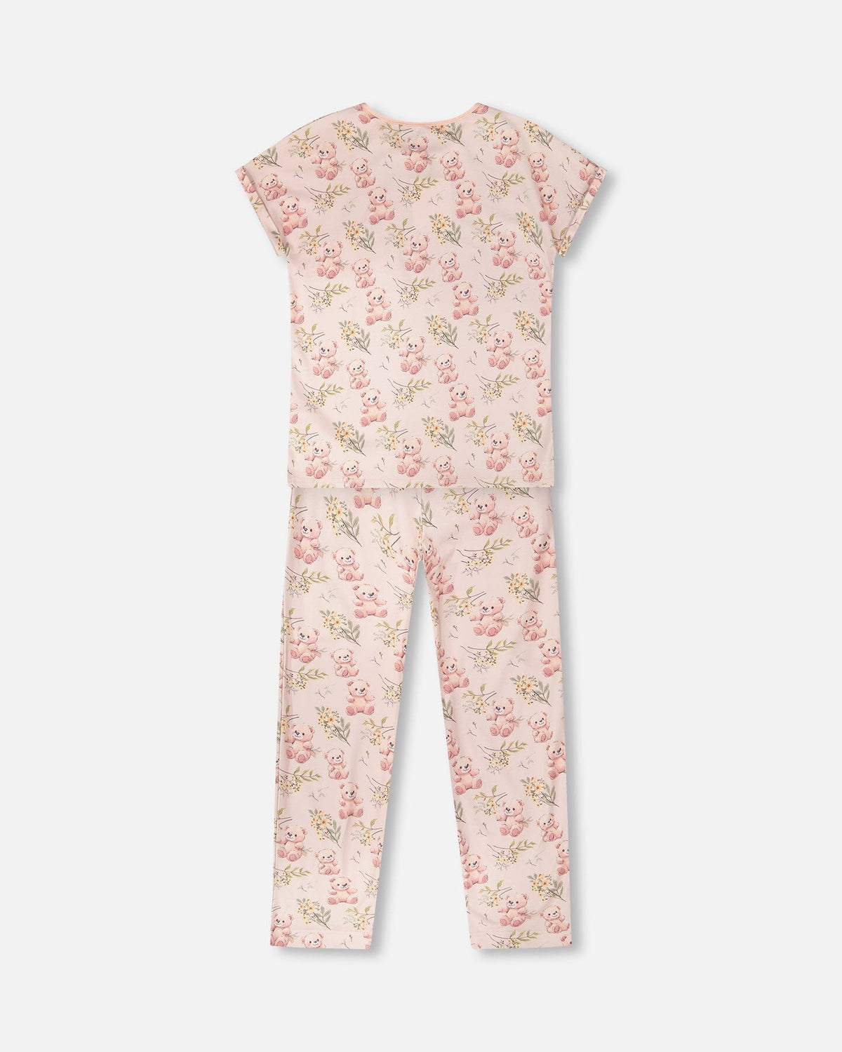 Back view of the women's pink pajama set with short sleeves and long pants