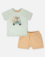 Organic Cotton T-Shirt And Short Set Mint Green And Beige-0