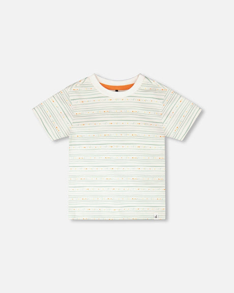 Organic Cotton T-Shirt White Printed Mint Green Lines-0