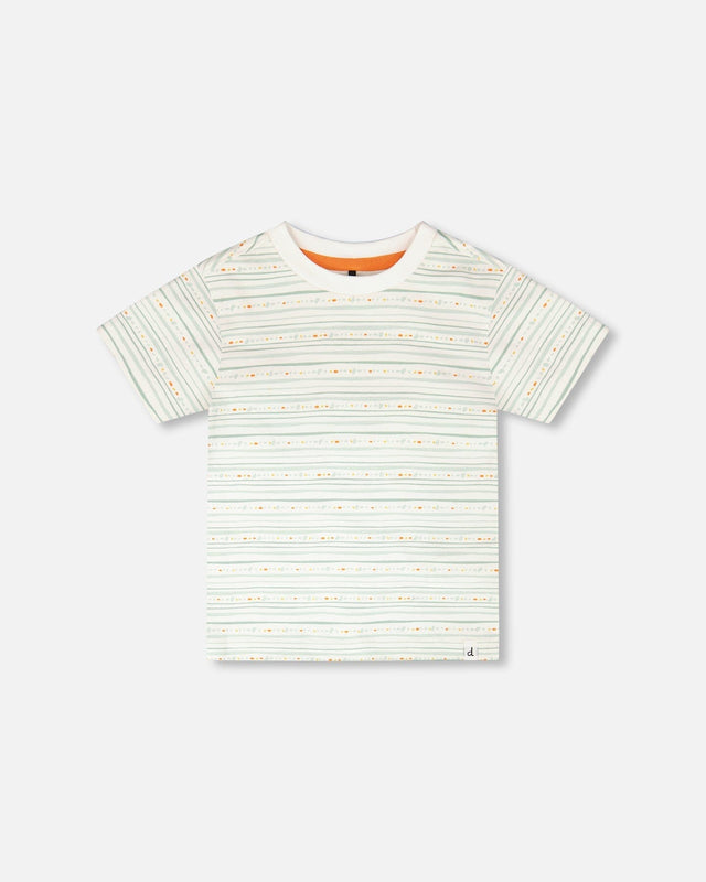 Organic Cotton T-Shirt White Printed Mint Green Lines-0