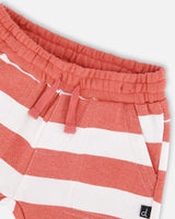 Organic Cotton T-Shirt And Short Set Blue And Brick Stripes-2