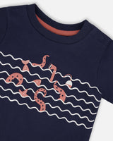 Organic Cotton T-Shirt And Short Set Blue And Brick Stripes-3