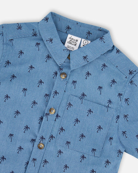 Deux par Deux boys' blue palm print chambray shirt, view 6