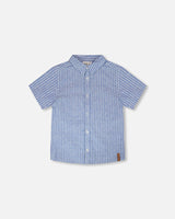 Printed Chambray Short-Sleeve Shirt Blue Denim Stripes-0